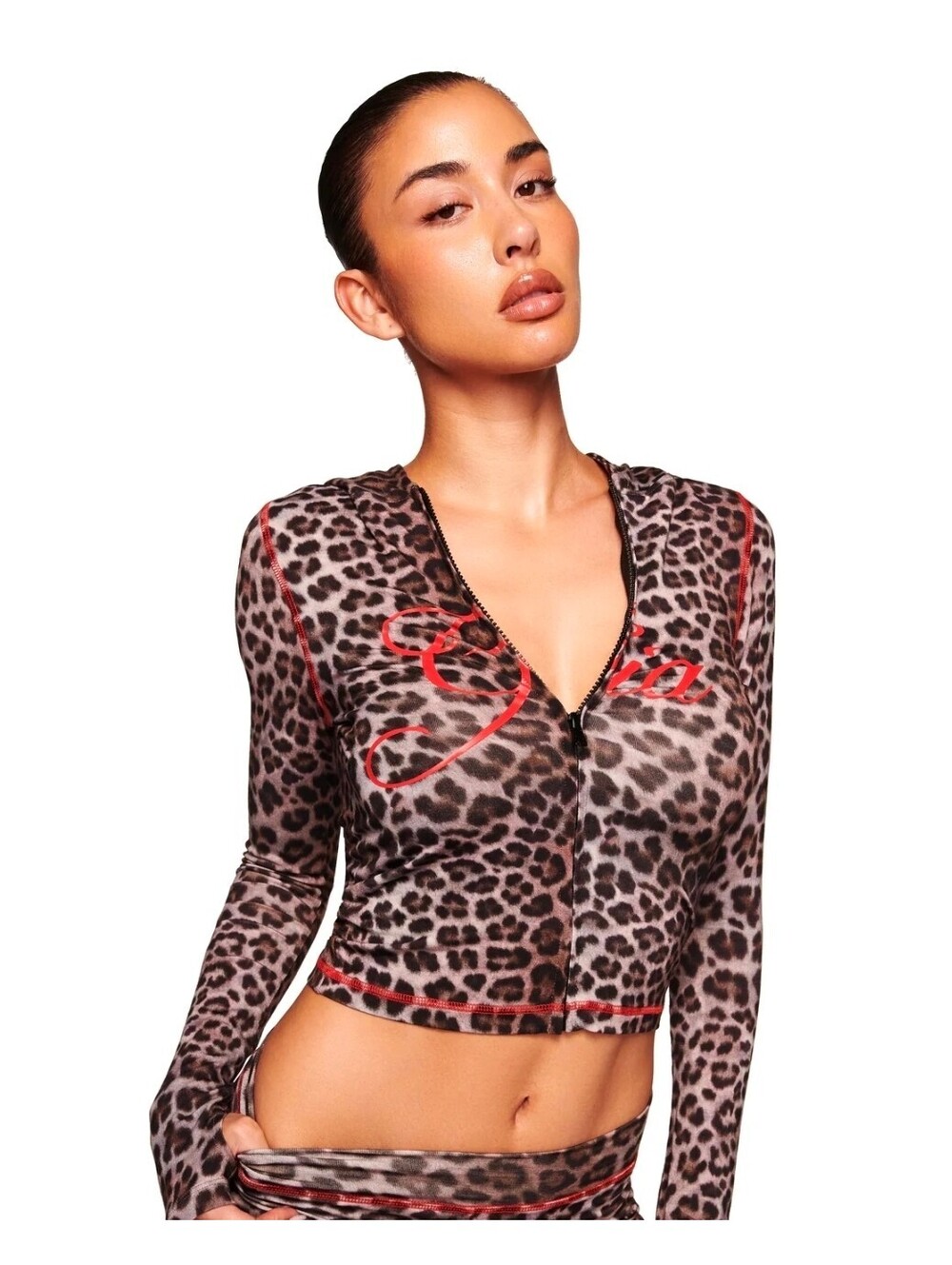 I.AM.GIA Leopard Print Zip-Up Hoodie with Red Stitching and Logo